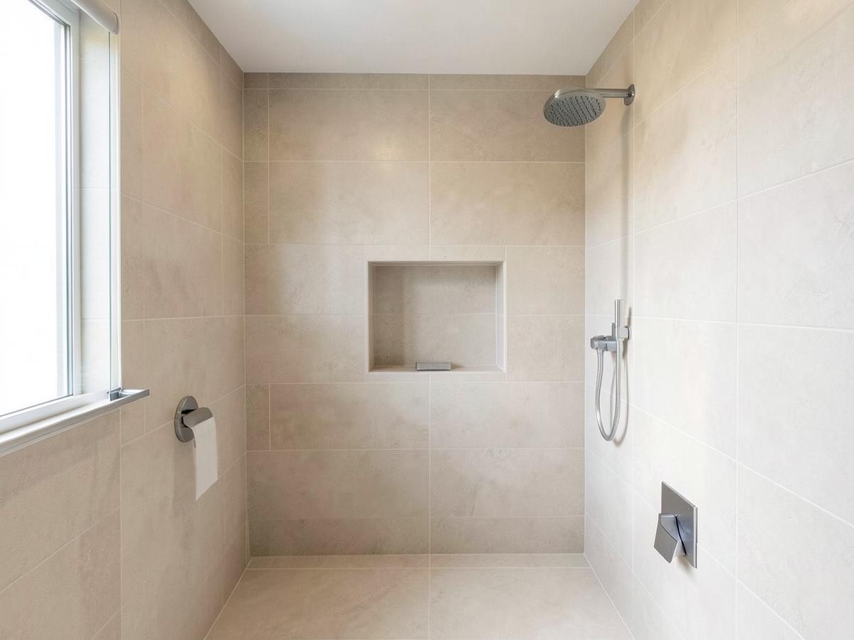 Badkamer met lichte grootformaat wandtegels en een ingebouwde nis