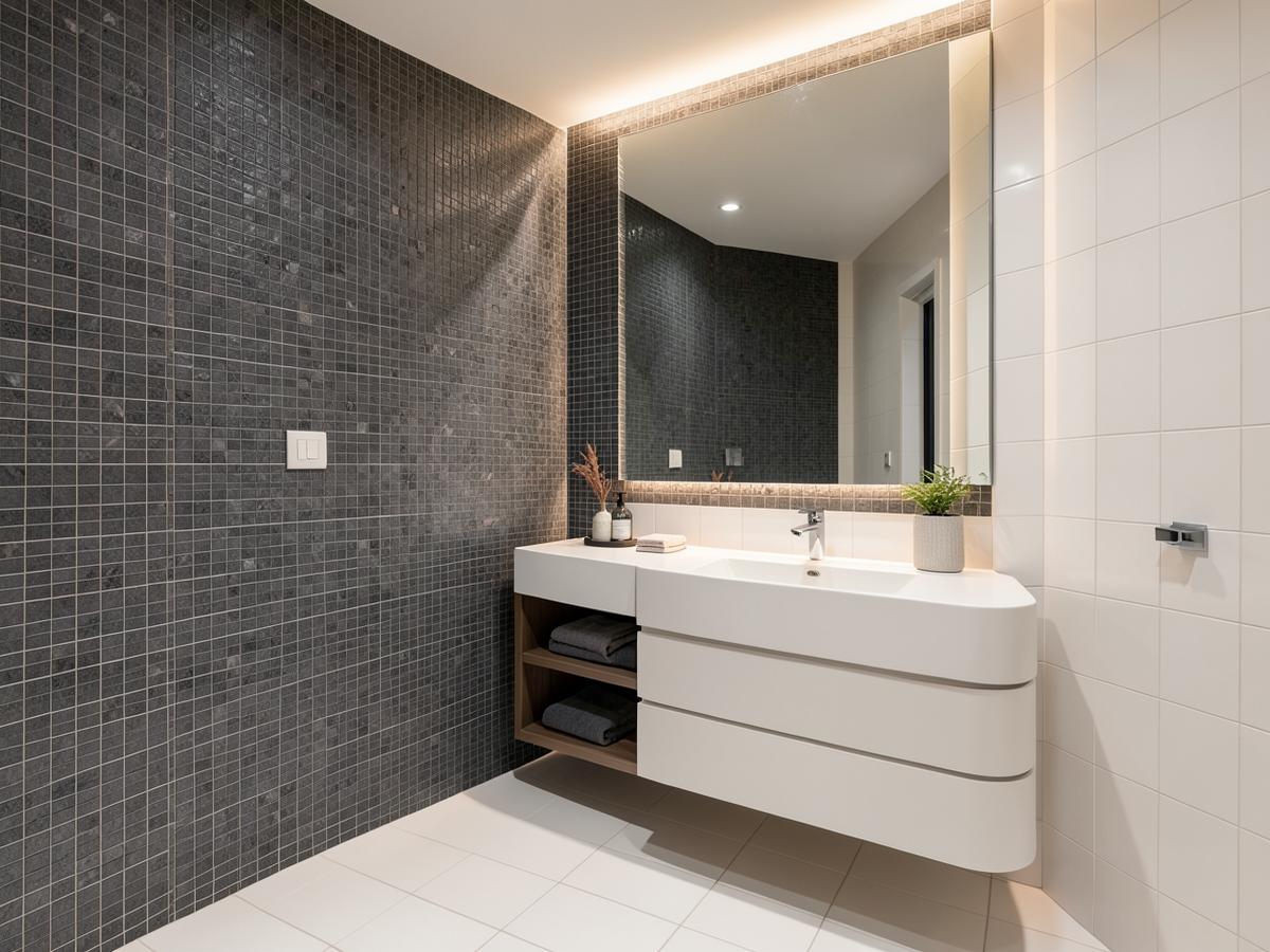 Badkamer met donkere mozaïek accentwand en witte wandtegels