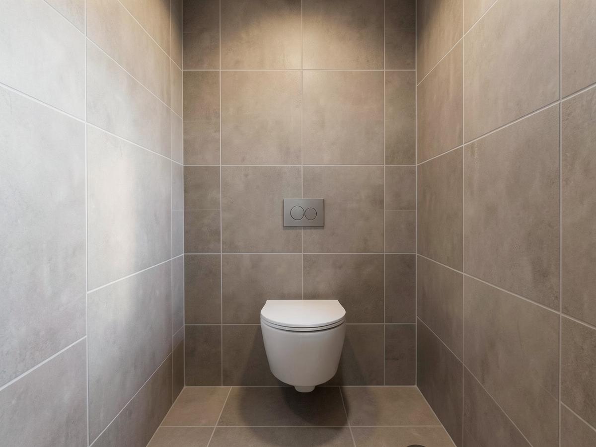 Toiletruimte volledig betegeld met warme grijze tegels
